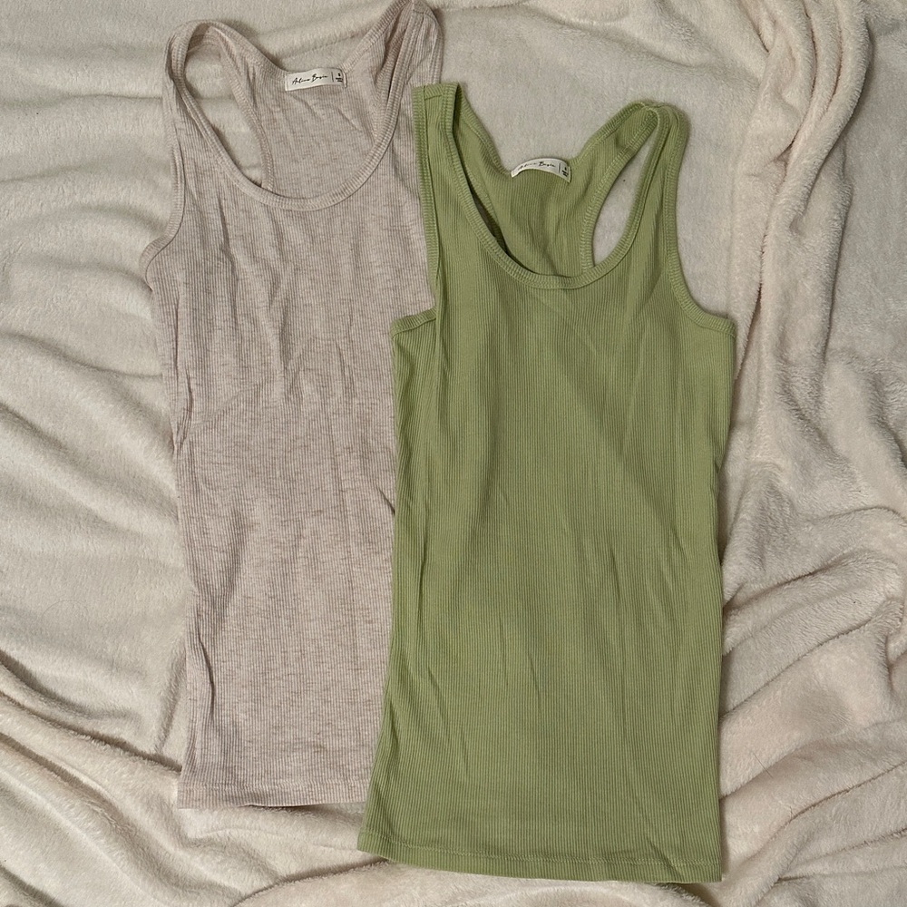 Active Basic Ribbed Tank Tops - oatmeal and light green